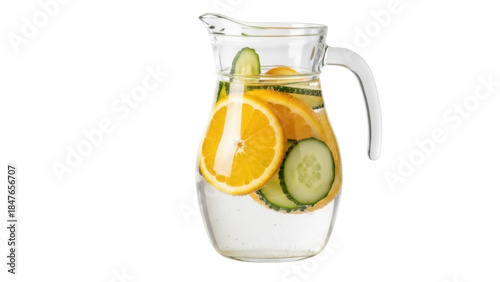 Tableau sur toile Refreshing orange and cucumber infused water in glass pitcher isolated PNG, heal