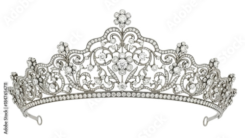 Elegant silver tiara with diamonds isolated PNG, vintage crown headpiece for wedding, royal jewelry on transparent background