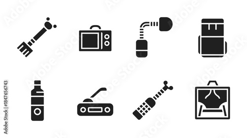 Collection of specialized equipment and technology icons in black and white silhouette style
