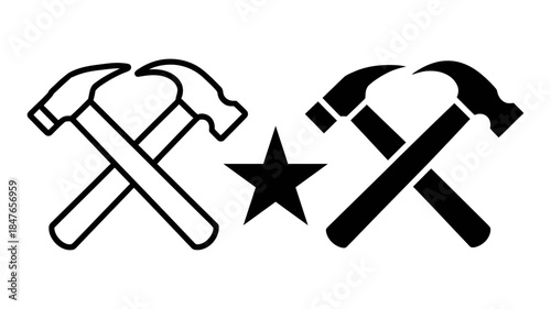 Two crossed hammers and star symbol set showcasing different visual styles