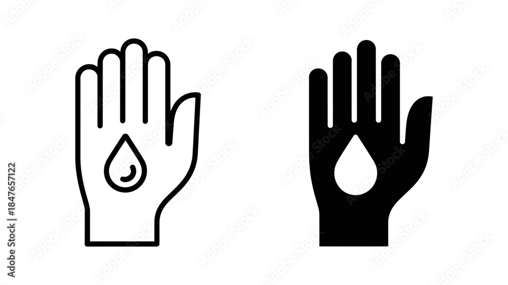 Obraz premium Simple black line and solid icons for hand sanitizer or water droplet on hand