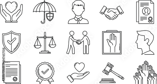 Legal Contract, Handshake Agreement, Social Justice, Charity Heart, and Security Umbrella Symbols.