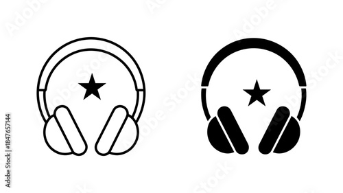 A minimalist icon design featuring headphones with a star detail, presented in both outline and solid variations.