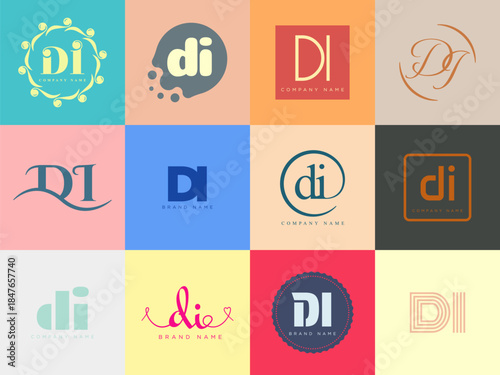 DI logo company template. Letter d and i logotype. Set different classic serif lettering and modern bold text with design elements. Initial font typography.