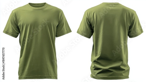 Front and back view of a plain olive green t-shirt isolated on white background
