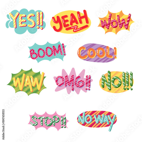 Yes, Yeah, Wow, Waw, Boom, Cool, OMG, No, Stop, No Way - Colorful Hand Drawn Speech Bubble Stickers with Positive Quotes and Expressions Lettering Typoraphy Illustration