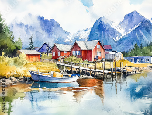 Charming Watercolor Scene of Quaint Alaska Village