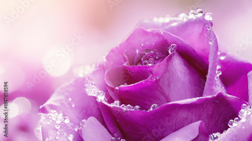 Purple rose with water droplets close up, soft light and bokeh background creating delicate and fresh floral image full of beauty and elegance