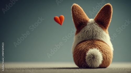 A cartoon postcard with a Welsh Corgi sitting backwards and a red heart floating in the air