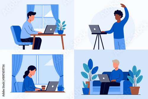 Vector illustration showcasing four individuals in varied postures while working remotely, emphasizing a comfortable workspace