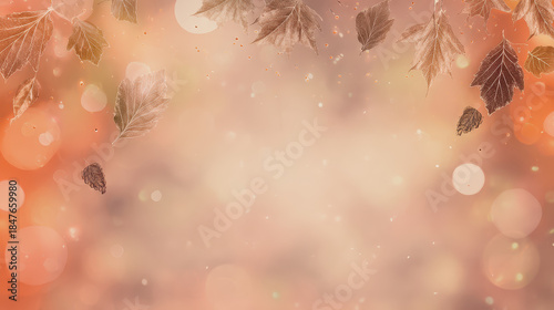 Autumn leaves falling with soft bokeh light effect and warm orange background creating peaceful seasonal atmosphere