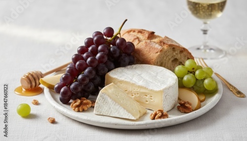 Classic French style cheese plate with brie grapes bread and white wine for romantic date night