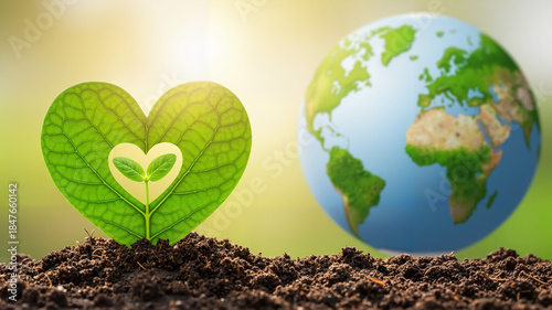 Heart-shaped green leaf with a tiny sprout beside Earth, symbolizing love and care for the planet on Earth Day