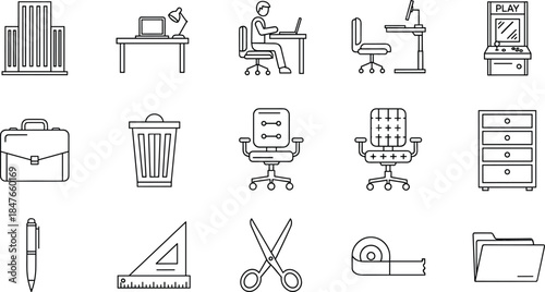 Office and Business Supplies Line Icons Set, Graphic Symbols Representing Workspace, Desk, Chair, Stationery, Briefcase, Building, File Folder, and Drafting Tools Vector