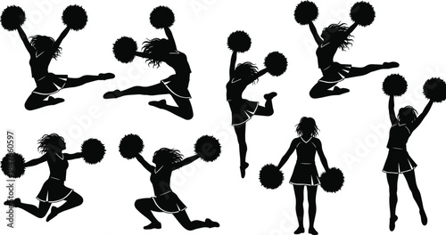 Set of active cheerleader silhouettes with pom-poms, isolated collection of energetic girls jumping, standing, and posing, female team members performing acrobatic movements and split jumps, vector.