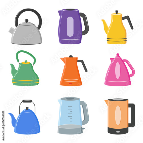 Set of electric kettles, for gas and induction stoves. Kettle icon. Teapot. Electric kettle for home use in the kitchen. For boiling water for tea or coffee. Vector illustration