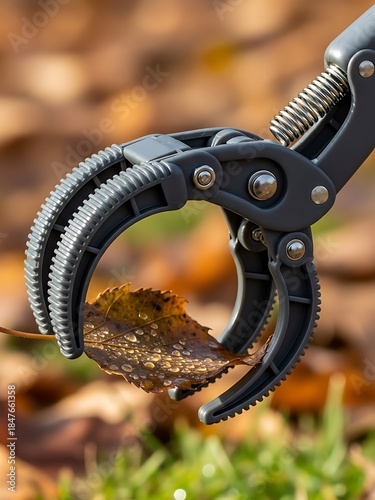 Leaf being picked up by a mechanical arm close up outdoors