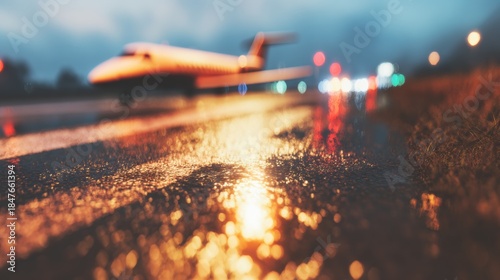 Fototapeta Naklejka Na Ścianę i Meble -  Aircraft on a wet runway during evening hours with blurred background lights