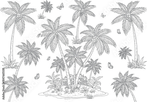 A black and white line art illustration of multiple tropical palm trees and butterflies flying around