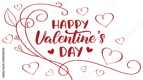 Happy Valentine's Day Greeting with Hearts and Decorative Swirls
