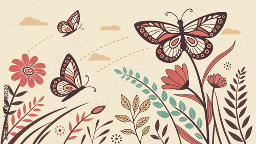 
Elegant Butterflies and Wildflowers Illustration - Botanical Garden Scene with Flying Insects