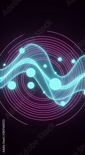 Luminous Waves and Concentric Orbs Abstract Illustration on Dark Backdrop