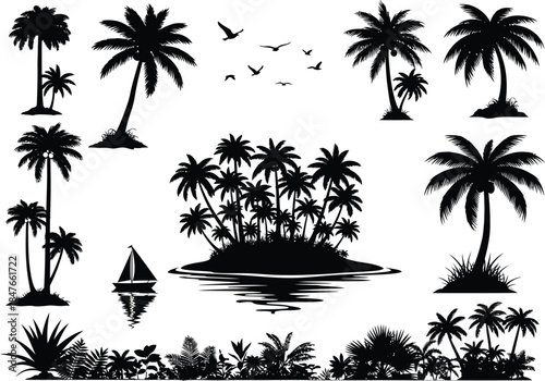 Tropical island scene with palm trees and silhouettes of boats and birds on water