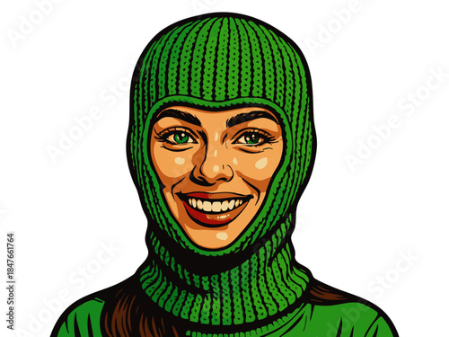 cheerful woman wearing a green knitted balaclava, blending retro design with modern humor and fashion. Generative ai vector colorful pop art illustration.