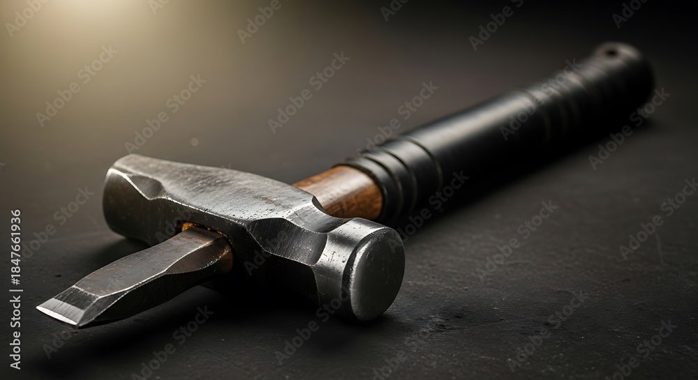 Naklejka premium Close-up of a sturdy hammer holding a chisel on a dark background