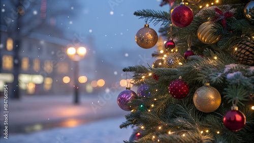 Christmas Tree With Baubles And Blurred Shiny Lights