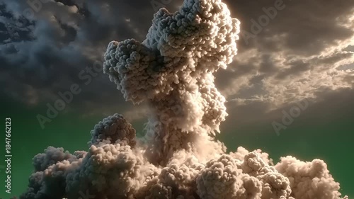 Dramatic Nuclear Explosion Mushroom Cloud Rising in a Green Landscape.