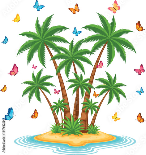 A tropical island with palm trees and colorful butterflies flying around it in a sunny environment