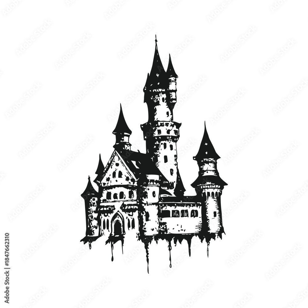 Fototapeta premium Black and white gothic castle illustration, medieval tower vintage grunge horror style vector art