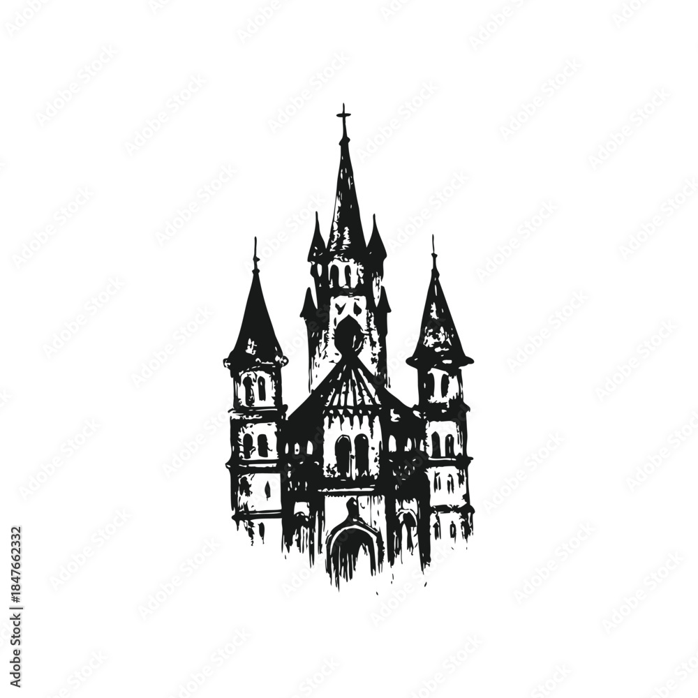 Obraz premium Black and white gothic castle illustration, medieval tower vintage grunge horror style vector art