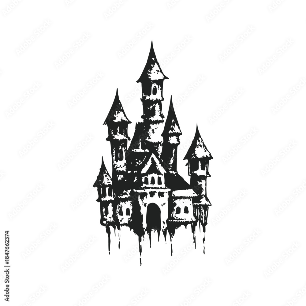 Obraz premium Black and white gothic castle illustration, medieval tower vintage grunge horror style vector art