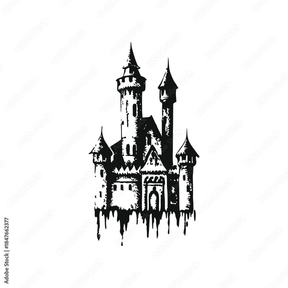 Obraz premium Black and white gothic castle illustration, medieval tower vintage grunge horror style vector art