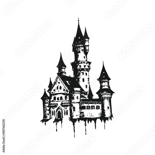 Black and white gothic castle illustration, medieval tower vintage grunge horror style vector art