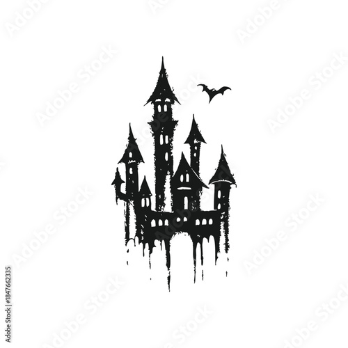 Black and white gothic castle illustration, medieval tower vintage grunge horror style vector art