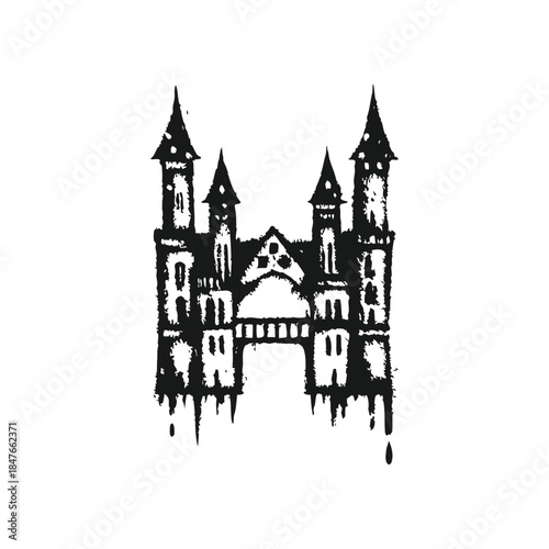 Black and white gothic castle illustration, medieval tower vintage grunge horror style vector art