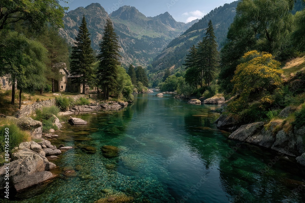 Fototapeta premium Tranquil alpine river scene with clear turquoise water, rocky banks, and lush mountains