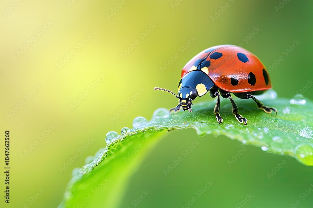 Obraz premium A vibrant red ladybug with black spots and a shiny exoskeleton is perched on a dew-covered green leaf.