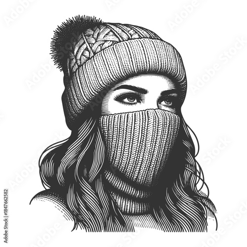 woman in warm knit hat and sweater, winter fashion aesthetic sketch engraving generative ai fictional character vector illustration. Scratch board imitation. Black and white image.