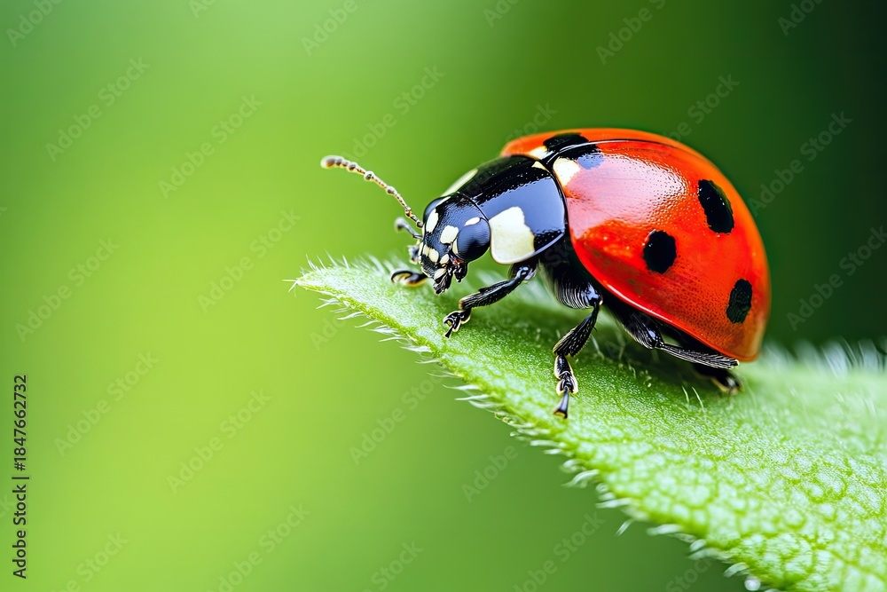 Fototapeta premium A vibrant red ladybug with black spots and white accents on its wings is perched on a green leaf, showcasing its intricate patterns and the natural beauty of the plant.