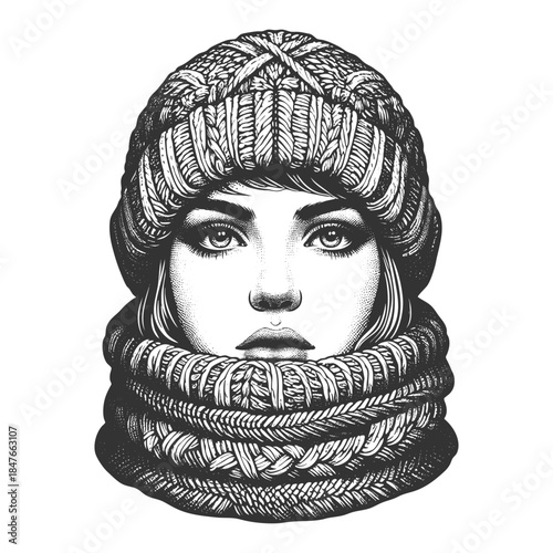 woman in warm knit hat and sweater, winter fashion aesthetic sketch engraving generative ai fictional character vector illustration. Scratch board imitation. Black and white image.