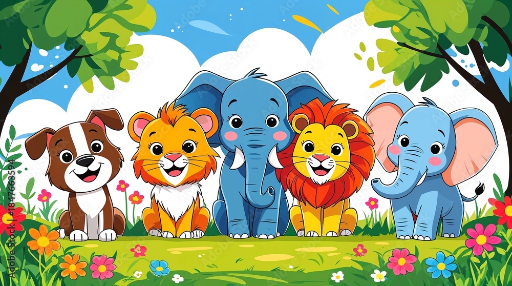 Naklejka premium Group of happy smiling cartoon style animals in the forest o jungle in a sunny outdoor scene