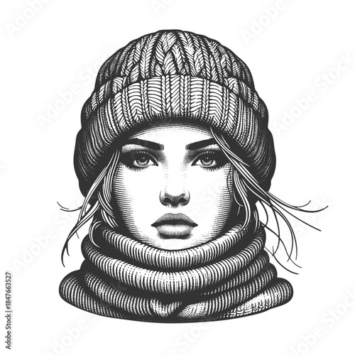 woman in warm knit hat and sweater, winter fashion aesthetic sketch engraving generative ai fictional character vector illustration. Scratch board imitation. Black and white image.