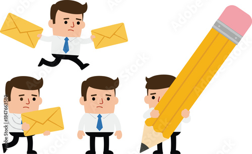 Set of busy businessman character holding giant pencil and carrying yellow mail envelopes for office work and effective communication management