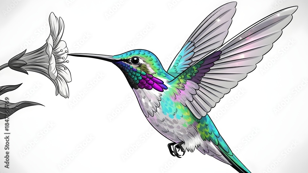 Naklejka premium Hummingbird feeding on a gray flower with vibrant iridescent feathers flying