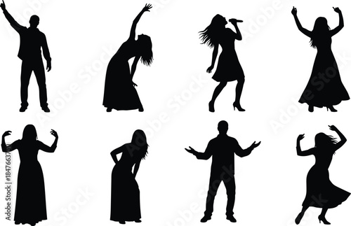 Set of male and female performer silhouettes, isolated vector collection showing singers with microphone and dancers in various expressive poses for music, entertainment, and live show concepts.