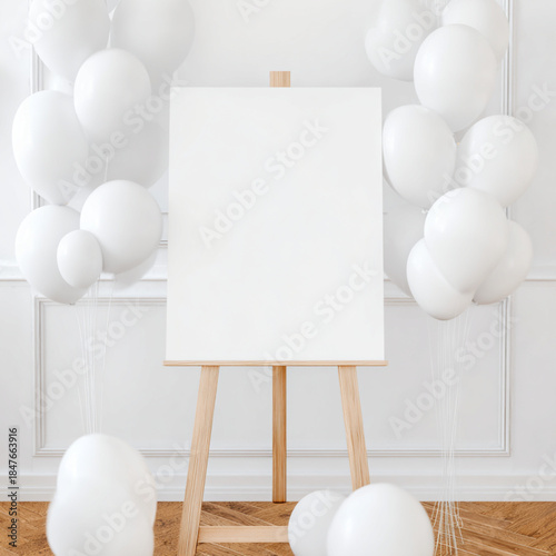 White Canvas on Light Wooden Easel with White Balloons in Minimalist Studio Setting